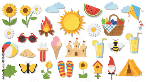 Summer themed illustrations set white