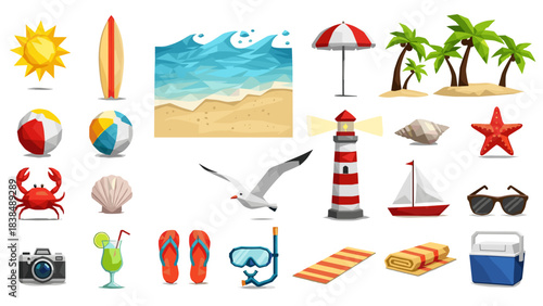 Summer beach icons collection white