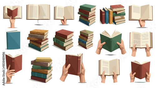 Collection of books and hands holding books white