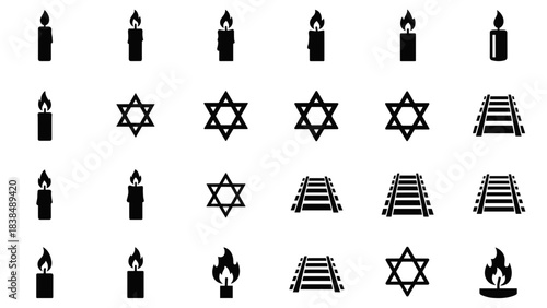 Jewish symbols and candles icons set white