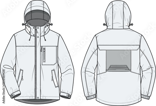 Hooded jacket technical sketch, front and back view, vent flap detail, zippered pockets, drawstring hood, fashion flat, garment blueprint