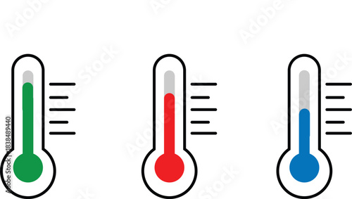 temperature thermometer icons showing cold warm and hot levels with colored mercury indicators isolated on white background.