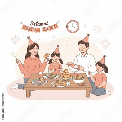 A family enjoys delicious snacks and drinks while celebrating New Year together with sparklers and decorations.