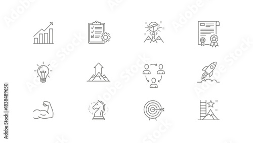 Business growth chart checklist mountain peak success idea lightbulb strength strategy chess target rocket achievement certificate