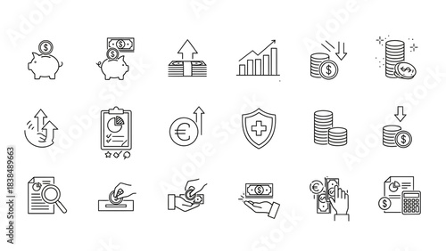Finance icons set money savings investment growth security search transaction payment banking digital wallet concept outline