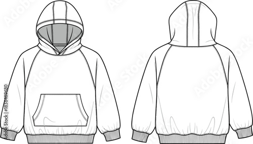 Hooded sweatshirt technical sketch, front and back view, kangaroo pocket, raglan sleeves, ribbed cuffs, fashion flat, garment blueprint, apparel design