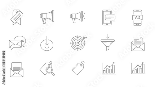 Marketing icons set line art digital advertising promotion communication target sales email mobile analytics growth strategy finance
