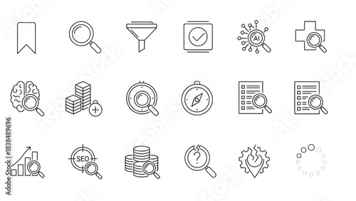 Search icon set magnifying glass interface element discovery exploration finding tool application design outline collection