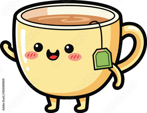 Cute cartoon teacup waving hello with a friendly smile and a tea bag attached