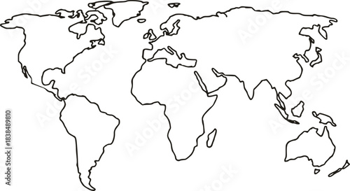 Outline of the world map with continents in black and white