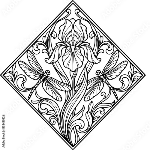 Ornamental design of irises and dragonflies in a square shape