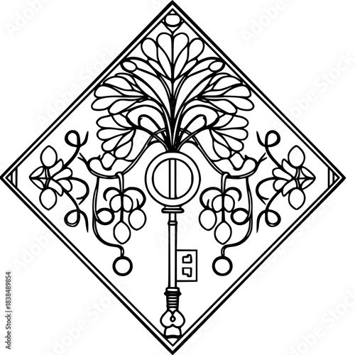 Decorative design of a key with floral and grape elements in a diamond shape