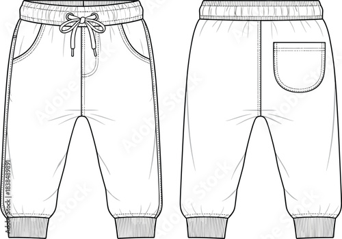 Jogger pants technical sketch, front and back view, fashion flat drawing, elastic waistband, ribbed cuffs, patch pocket, anchor label