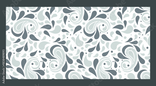 Elegant seamless paisley pattern with soft gray swirls and teardrop elements forming a modern decorative abstract background design