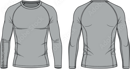 Long sleeve fitted shirt sketch, fashion illustration, raglan sleeve design, front and back view, garment blueprint, apparel template, vector drawing