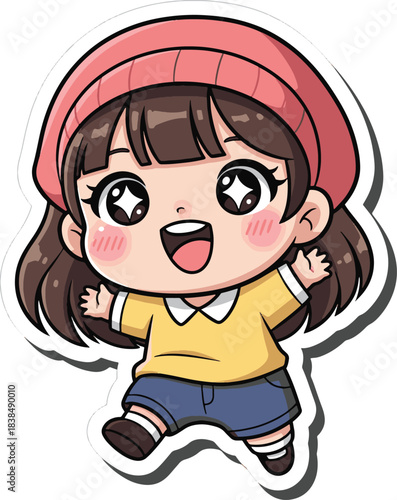 Joyful cartoon girl with rosy cheeks and bright eyes, wearing a yellow shirt and blue shorts, leaping with excitement and happiness in a playful pose