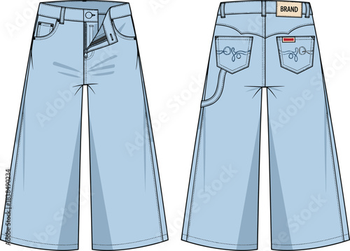 Wide leg denim jeans sketch, fashion illustration, high waist trousers, five pocket design, front and back view, garment blueprint, vector template