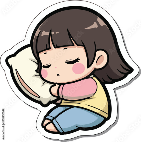Charming cartoon illustration of a little girl enjoying a peaceful nap, curled up with her soft pillow, symbolizing comfort and sweet dreams