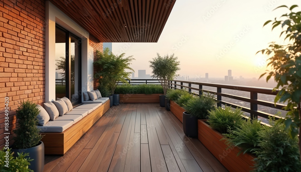 Obraz premium Cozy balcony garden features wooden deck. Brick wall and planters create urban oasis. Skyline visible at distance. Relaxing benches and decorative plants offer tranquil escape in city residence.
