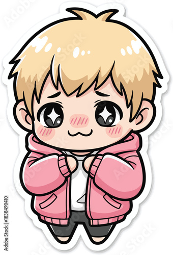 Adorable illustrated sticker of a bashful blonde boy with sparkling eyes and a sweet blush, wearing a cozy pink hoodie, ideal for cute and heartwarming graphic designs