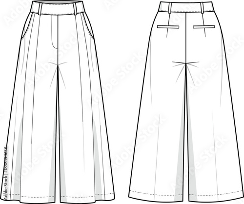 Wide leg trousers technical sketch, fashion illustration, pleated front, welt pockets, high waist design, front and back view, garment blueprint