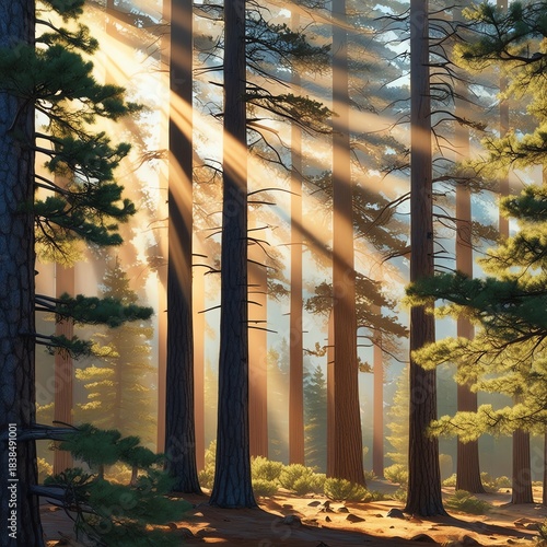 Vibrant 4K Forest Wallpaper of Tall Pine Trees Bathed in Morning Sunlight, Light Beams Filtering Through Dense Canopy, Textured Needles and Leaves, Refreshing Atmosphere