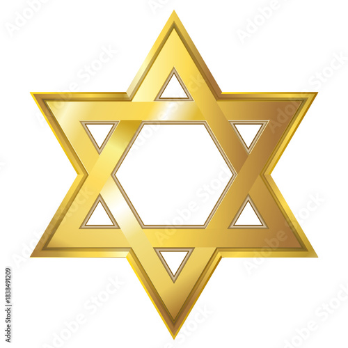 Golden Star of David with shiny gradients, hexagram shape, religious Jewish symbol isolated on white background for design and decoration.