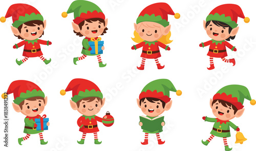 Cartoon Christmas elf character set with festive outfits, gifts, ornaments, and cheerful poses for holiday illustration themes.