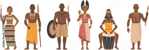 Cartoon African cultural character set with traditional attire, accessories, and instruments for heritage, education, and artistic themes.