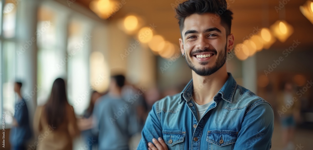 Fototapeta premium Young man with beard smiles confidently indoors. He wears denim shirt, arms crossed, looking towards camera. People are blurred in background.