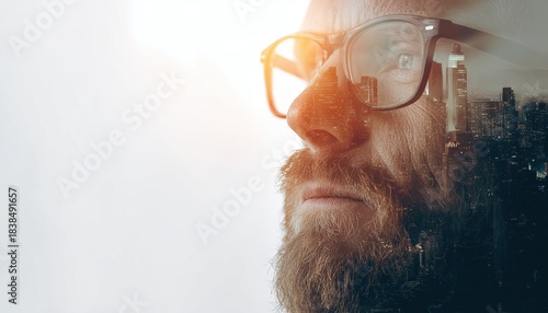 Stylish Bearded Banker With Glasses In Close-Up Photo Looking At Cityscape. Double Exposure Of Modern Megalopolis. Wide Panoramic View With Sun Effect. Ideal For Business Message.