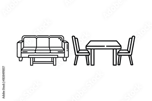 Simple line drawing of sofa and dining table with chairs