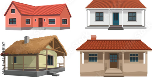 Cartoon house set with diverse architectural styles including gable, tiled, thatched, and porch designs for residential themes.