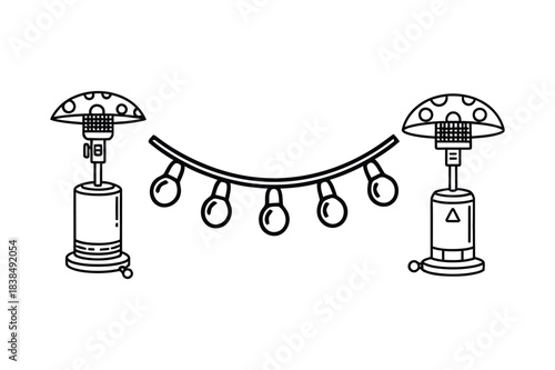 Outdoor patio heaters and string lights illustration