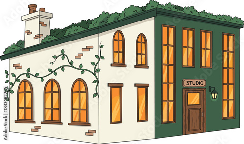 Cartoon studio building with green rooftop, vines, arched windows, and creative facade for architectural and lifestyle themes.