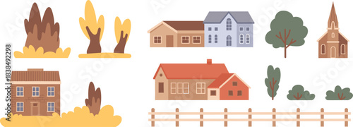 Cartoon village scene with diverse houses, church, trees, and fence for rural, suburban, and architectural illustration themes.