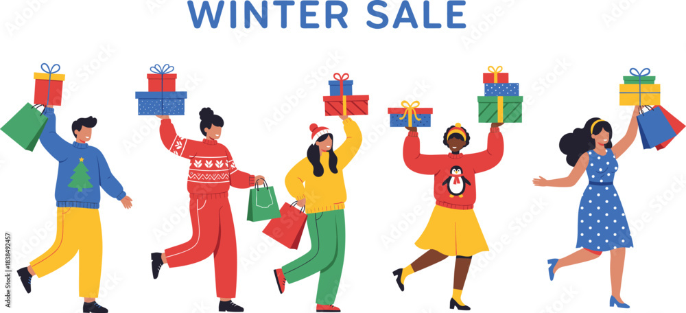 Fototapeta premium Cartoon winter sale scene with shoppers, gift boxes, and festive outfits for Christmas retail and holiday promotion themes.