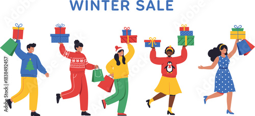 Cartoon winter sale scene with shoppers, gift boxes, and festive outfits for Christmas retail and holiday promotion themes.