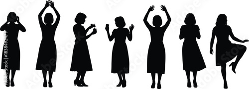 Cartoon woman silhouette set with expressive poses and gestures for lifestyle, motion, communication, and design illustration themes.