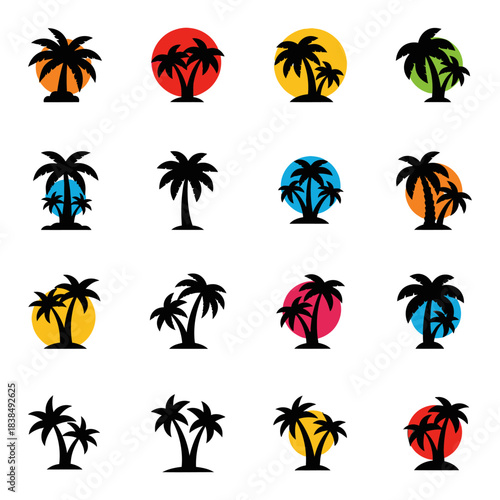 Tropical palm trees set silhouettes Black palm trees set isolated on white background. Palm silhouettes. Design of palm trees for posters, banners and promotional items.