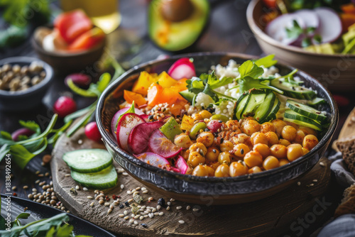 A vibrant Buddha bowl filled with roasted vegetables, grains, and fresh greens, perfect for a nutritious and colorful meal.