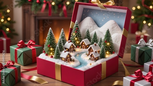 Realistic Christmas gift box with a miniature snowy landscape inside, warm lighting, great for festive ads, winter themes, and creative holiday campaigns