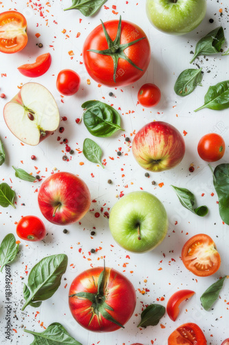 A vibrant assortment of fresh fruits and vegetables, including apples, tomatoes, carrots, broccoli, and peppers, showcasing healthy eating.