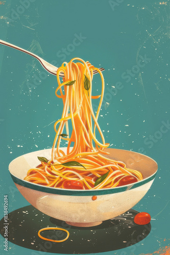 Dynamic explosion of spaghetti with tomatoes and vegetables, creating a vibrant and energetic representation of Italian cuisine.