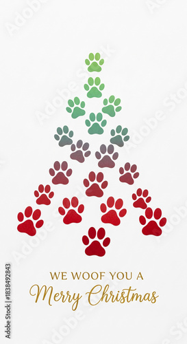 Christmas tree composed of gradient paw print, forming a festive seasonal design, representing joy, pet love, and holiday cheer on a white background