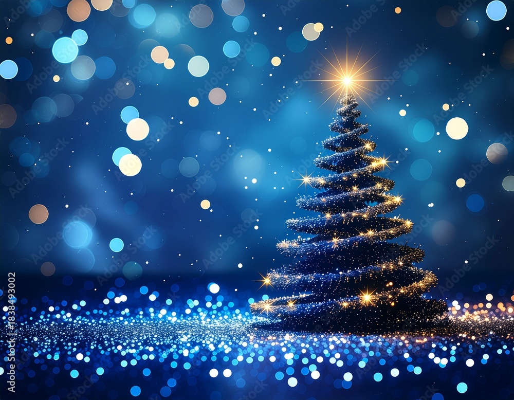 Obraz premium Niebieskie, brokatowe tło ze choinką w formie spirali ze złotych cząstek ze świecącą gwiazdą na czubku