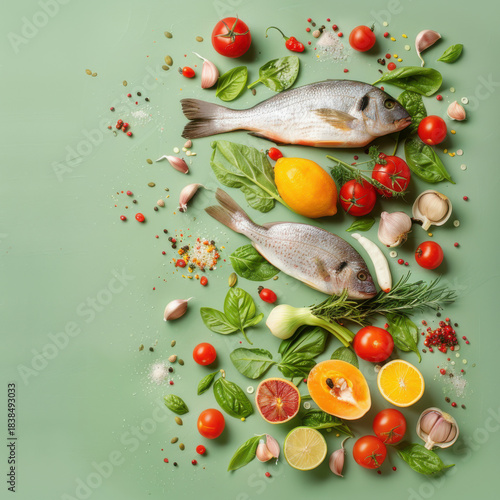 Fresh fish with lemon, tomatoes, cucumbers, and basil on a green background, perfect for healthy cooking inspiration.