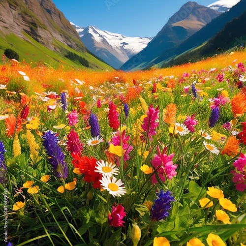 Vibrant 4K Wallpaper of Flower-Filled Valley with Colorful Grasses, Towering Mountains in Background, Cheerful and Lively Atmosphere, Brightening Scenic High-Resolution Landscape