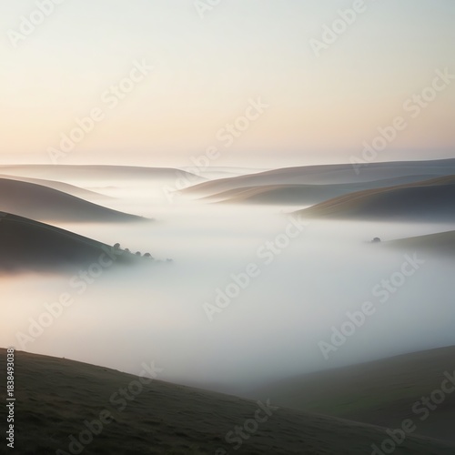 High-Resolution Wallpaper of Foggy Valley at Dawn, Layers of Rolling Hills Shrouded in Soft Mist, Ethereal Colors, Serene and Calming Landscape, Scenic Morning Atmosphere