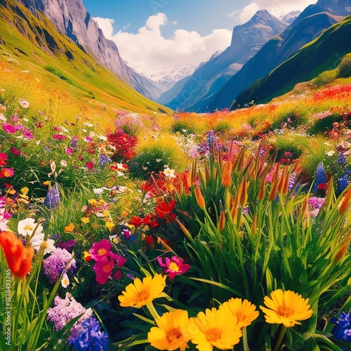 Vibrant 4K Wallpaper of Flower-Filled Valley with Colorful Grasses, Towering Mountains in Background, Cheerful and Lively Atmosphere, Brightening Scenic High-Resolution Landscape